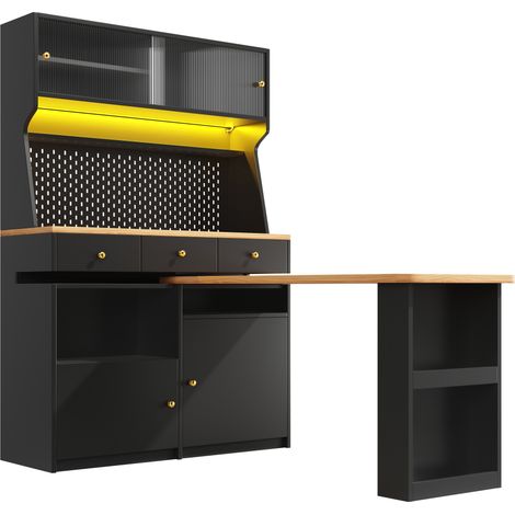 Armario alto multifuncional con escritorio, LED App, puertas de vidrio y baldas ajustables, negro (1/5)