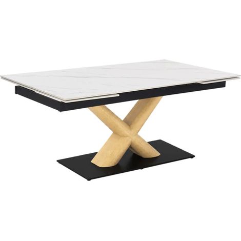 Table extensible 180 à 260 cm céramique blanc marbré pied central X plaqué bois clair - NEVADA 13 (1/5)