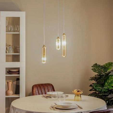 [GEBRAUCHT] B-Ware Lucande Hängeleuchte Pendelleuchte Freylin Glas Amber Messing 3flg 38 Cm