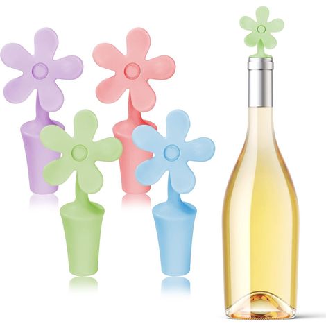Lot de 4 bouchons de vin en silicone en forme de fleur, pour bouteilles de vin rouge et de champagne.
