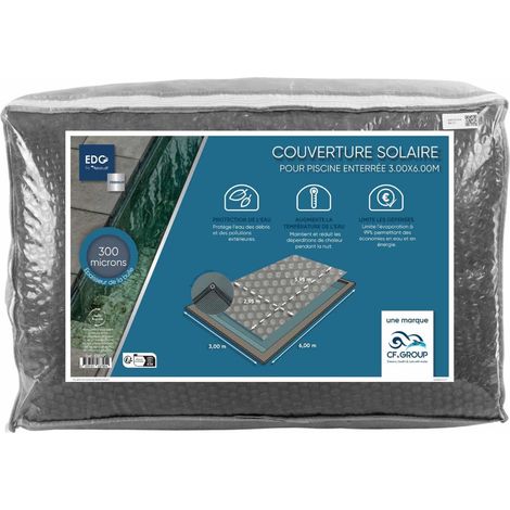 EDG – Bâche solaire piscine 600 x 300 cm – Rectangle – 300 microns – Protection contre débris et évaporation – Bulles vers le bas