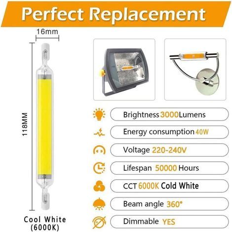 Ampoule Led R7s 118mm 20w Dimmable, Blanc Froid 6000k, 2000lm, Équivalent Lampe Halogène J118 200w, 360 Degrés Linéaire Ampoule Slim Cob Led Pour Applique Murale Lampadaire, Lot De 2 (1/3)