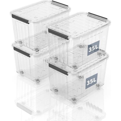 Caisses de rangement en plastique avec couvercle, boîtes de rangement rayées avec roues 35L, conteneur empilable pour maison et bureau, bac transparent en polypropylène, 35L lot de 4 (1/5)