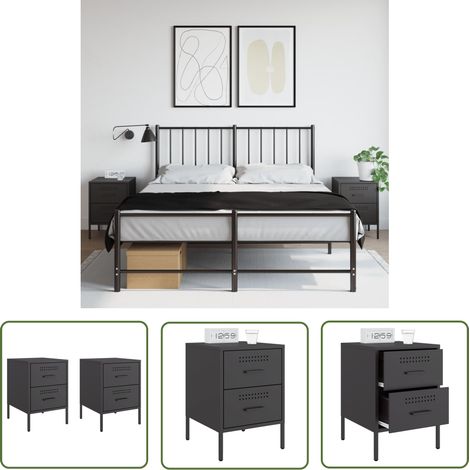 The Living Store Nachttische 2 Stk. Schwarz 36x39x50,5 cm Stahl - Industrieller Nachttisch - Schubladen Nachttisch - Metall Nachttisch - Schwarzer Nachttisch - Nachttisch Set (1/5)