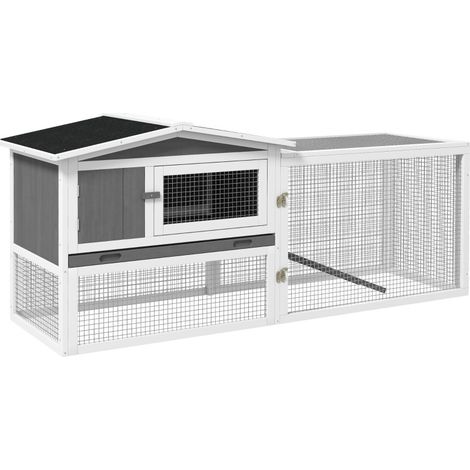 Clapier pour lapins nains avec enclos amovible, toit ouvrant, bac de nettoyage et rampe, en bois gris clair, pour intérieur et extérieur, 156 x 58 x 68 cm - CHICFURN (1/5)