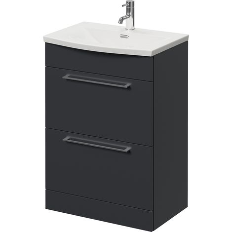 Napoli 390 Gloss Grey 600mm 2 Drawer Vanity Unit with Arc Basin - 600mm - Chrome 320mm Handle