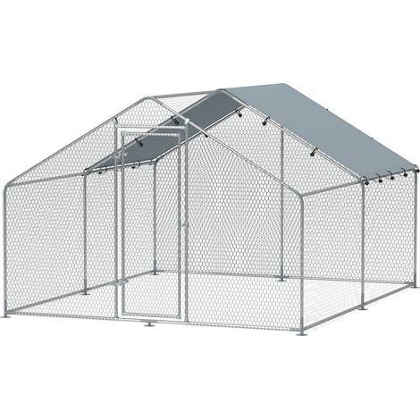 Poulailler de 10,2 m² pour 10 à 15 poules, avec toit étanche, structure en acier et tissu, dimensions : 3 x 3,4 x 1,9 m, couleur argent. (1/5)