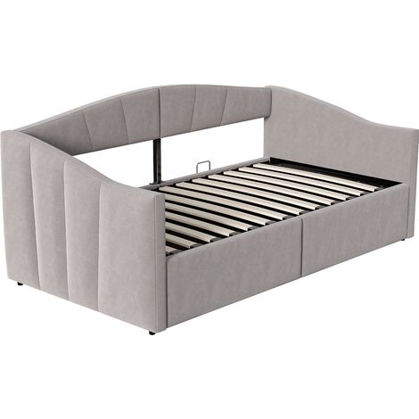 Cama diván tapizada 90 x 200 cm con almacenamiento hidráulico, somier de láminas, gris claro (1/5)