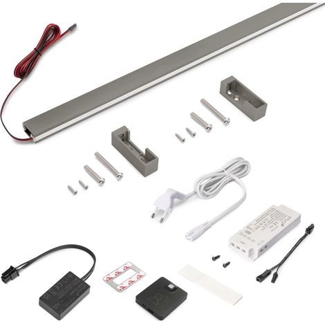Emuca Schrankstangenset Luxe, LED-Streifen 4,5x8 Neonlynx V, RF-Bewegungssensor Smart und Smart-Konverter (24V DC), Länge 900mm, warmweißes Licht 2.700K, Kunststoff und Aluminium, Titanium