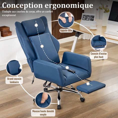 Chaise de Bureau en Cuir PU Bleu avec Massage 3D, Dossier Réglable 90°-135°, Pivotante 360°, Repose-Pied, Accoudoirs Rabattables, Roulettes Silencieuses (1/5)