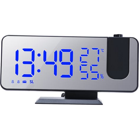 Reloj despertador digital 4 en 1 con proyector, espejo, indicador de temperatura/humedad, radio FM y cargador (°C/°F).