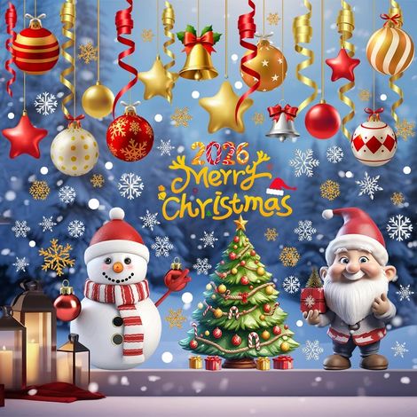 Weihnachtsfensteraufkleber, 3D-Schneemann-Weihnachtsfensteraufkleber, 9 niedliche Schneeflocken und Weihnachtsmann mit Rentieren zum Selbermachen von Fensterdekorationen, Schaufenstern und Inneneinric