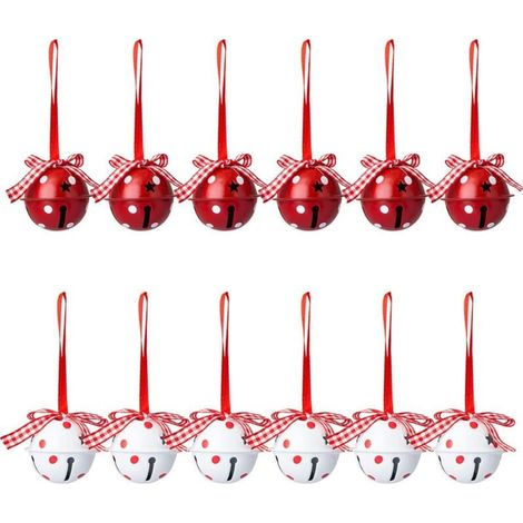 Set of 12 Christmas bells and jingles, Christmas tree decorations, dotted pattern, hanging ornaments, red and white jingles, YMYNY (1/3)