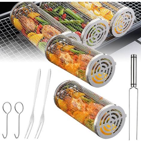 Paniers à griller roulants Accessoires barbecue en acier inoxydable Ensemble de 8 Tubes filet BBQ avec crochet Adapté aux légumes/frites/poisson/crevettes (1/5)