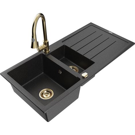 Mexen Andres 1,5-Becken-Granitspüle mit Abtropffläche und Mischbatterie Elia, Schwarz/Silbermetallic