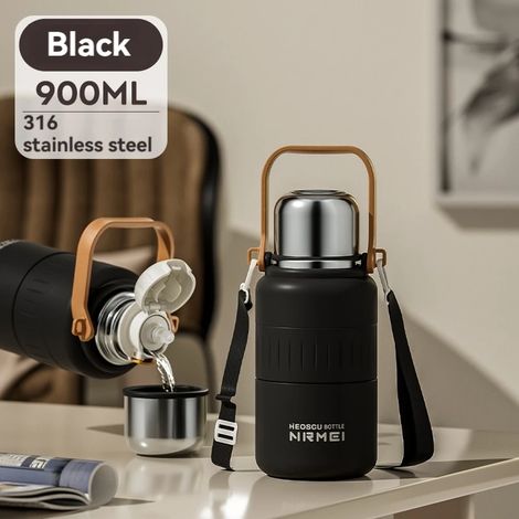(Noir, 900 ml) Bouteille d'eau isotherme en acier inoxydable avec poignée et paille, isolation sous vide, convient à l'eau chaude et froide. (1/5)