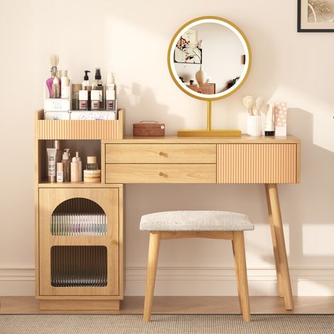 URBAN MEUBLE Coiffeuse moderne effet bois avec un miroir LED d'éclairage, 3 tiroirs et une armoire latérale (sans tabouret)