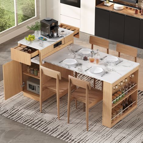 Îlot de cuisine roulant extensible, LED intégrée, prises et crochets, pour cuisine ou salle à manger, naturel, plan de travail lumineux et modulable (1/5)