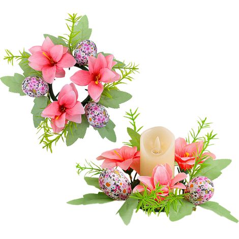 2 Porte-Bougie Pâques Motif Floral Rose, Décoration Intérieure pour Table à Manger et Salon, Bouquet Artificiel et Gobelet Chandelier (1/2)