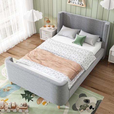 FLORAGRACE Lit enfant 90 x 200 cm en velours gris, lit cabane style traîneau avec motif spatial (1/5)