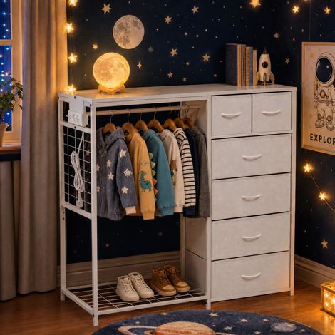 Armoire penderie enfant 125x54x118 cm en MDF et métal blanc, avec rangement pour chambre, FloraGrace (1/5)