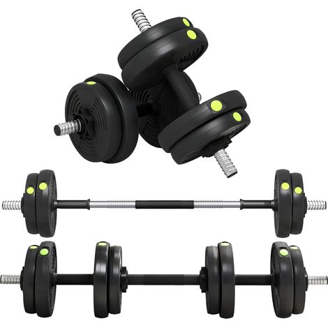 Ensemble d'haltères 2 en 1 (barre et haltères), 15 kg, antidérapant, respectueux des sols, noir/vert
