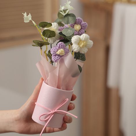 1 Strauß handgestrickter Kunstblumen, 5 gehäkelte Blumen, gestrickte Stoffblumen als Geschenk, Heimdekoration, Valentinstag, lila. (1/5)