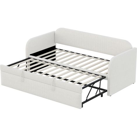 Cama diván extensible 90/180 x 190 cm en lino beige con somier de lamas (1/5)