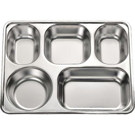 Rechteckiges Serviertablett aus Edelstahl mit 5 Fächern (1 Stück) – 28,00 x 22,00 x 4,20 cm – Silber (1/3)