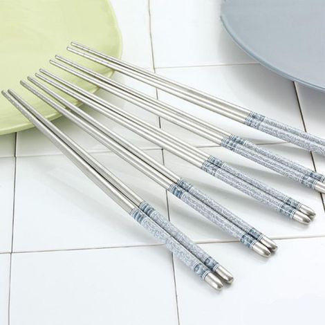 Baguettes rondes en acier inoxydable et porcelaine bleue et blanche, motif imprimé, style classique, pour la table, 1 paire (1/5)