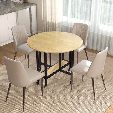 Table à manger pliante sur roulettes, table de cuisine pour 4 personnes avec étagère intégrée, 100 x 100 x 75 cm, chêne (1/5)