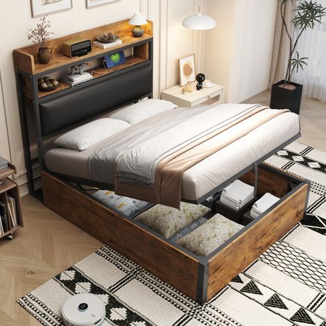 DESVIAE Lit simple avec rangement hydraulique et ports USB tête de lit rembourrée avec étagère design rétro bois métal 90 x 200 cm noir (1/5)