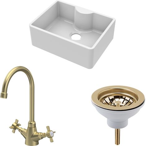 Fireclay Kitchen Bundle Single Bowl Butler Sink with Tap Ledge, Waste & Mono Mixer Tap, 595mm Brushed Brass Finish by Balterley