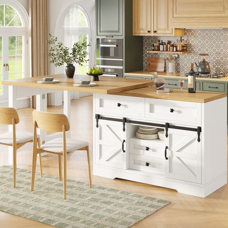 Mobile da cucina 2 in 1 con tavolo da pranzo estensibile, bianco, MDF HAVRYA (1/5)