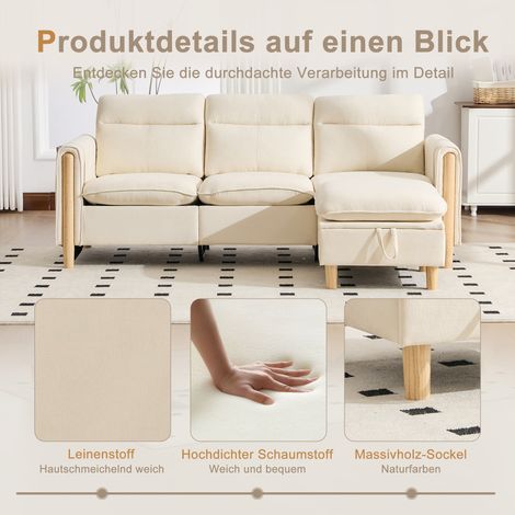 Ensemble canapé trois places de style nordique avec pouf de rangement, canapé d'angle en tissu avec poches latérales et pieds de table en bois, idéal pour les salons et les petits espaces (chenille be (1/4)