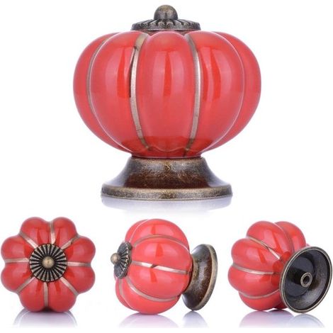 Lot de 4 boutons d'armoire et de tiroir en céramique, forme de citrouille, 1,5 pouce, boutons décoratifs pour meuble de cuisine et meuble-lavabo, rouge (1/5)