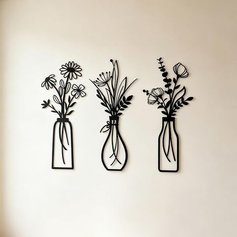 Set de 3 Décorations Murales en Métal Fleurs, Style Bohème Rustique, Sculptures Murales avec Vases et Silhouettes Florales Minimalistes, Art Mural pour Salon Chambre Cuisine, Beige (1/5)