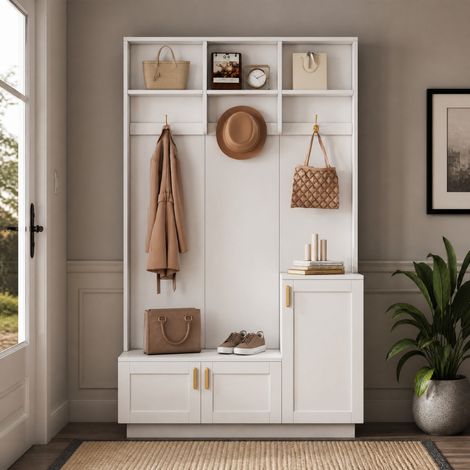 Eingangsmöbel mit Bank und Schuhregal, 3 Haken, weiß OKMYHOME (1/5)