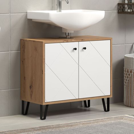 Meuble sous lavabo 69x32x61 cm décor chêne et blanc mat - FLOW (1/5)