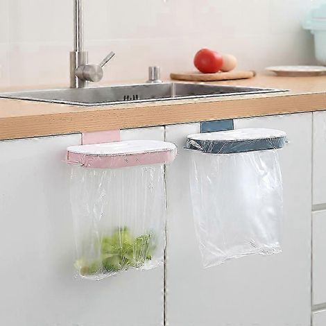 Ensemble de 2 supports pour sacs poubelle avec couvercle amovible, bleu et rose (1/4)