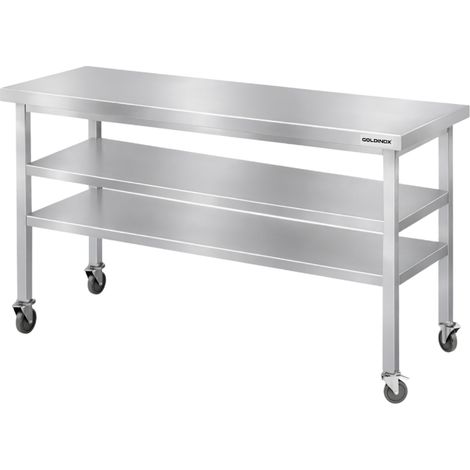 Table de travail en inox Bar 1400x500 mm avec 2 étagères inférieures sur roulettes PREMIUM - GOLDINOX (1/4)