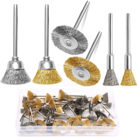 Lot de 48 mini brosses métalliques acier et laiton, tige 3 mm, pour outils rotatifs et perceuses, anti-rouille, polissage, nettoyage, ébavurage (1/5)