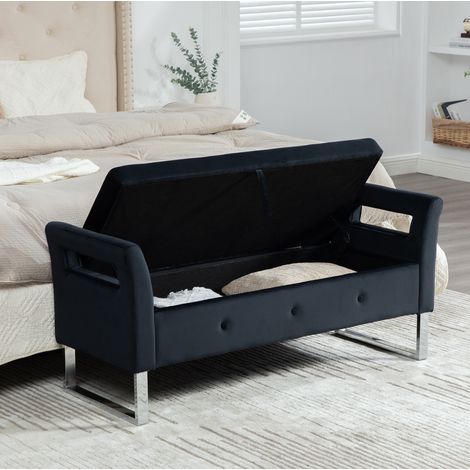 Pouf contenitore in velluto nero con braccioli e seduta imbottita (1/5)