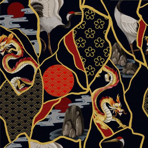 Tissus décoratifs d'extérieur Oxford - motif dragons et hérons (1/5)