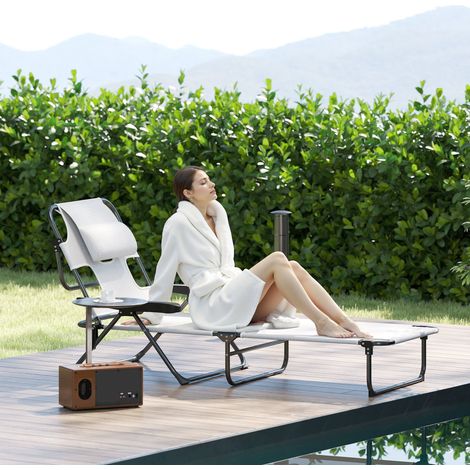 Transat jardin pliant trou lecture appui tête ajustables 4 niveaux crème 145x72x89 cm