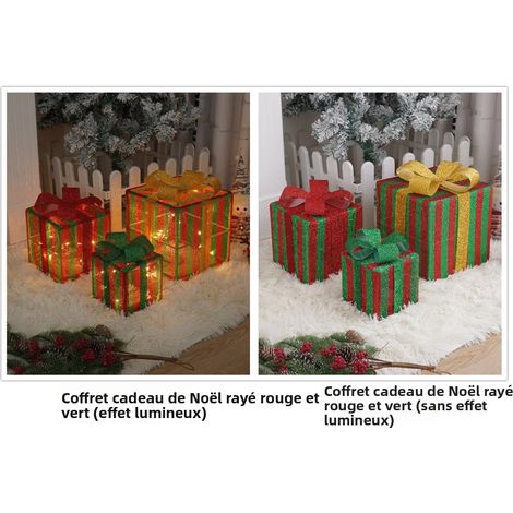 Coffret Cadeau de Noël Pliable 3 Pièces avec Lumières LED et Télécommande – Boîtes Décoratives Rayures Vertes et Rouges, 8 Modes d'Éclairage, Idéal pour Décoration de Fête et Anniversaire (Grand, Moye