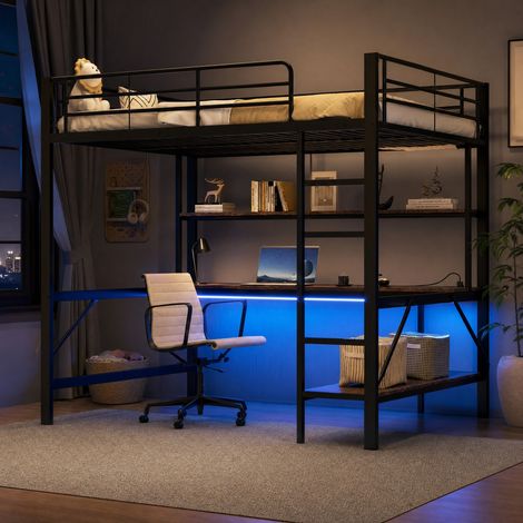 Cama alta infantil 140x200 cm de metal y MDF con escritorio, estantería, barandilla, escalera, luz ambiental 7 colores, enchufe y USB, negra  CHICFURN (1/5)