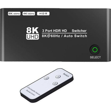 Commutateur HDTV 2.1 8K@60Hz (3 entrées, 1 sortie) et commutateur HDTV 3 ports 4K@120Hz avec télécommande, compatible avec les projecteurs et les commutateurs multicolores (1/5)