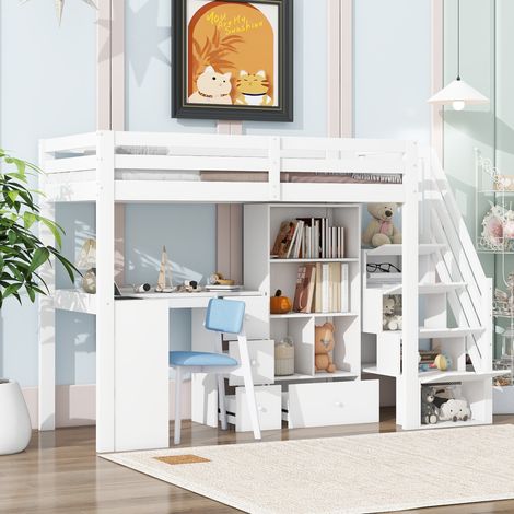 Cama alta 90x200 cm con barandillas escritorio cajones armarios abiertos escalera retráctil pino blanca (Sin Colchón)