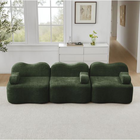 Canapé modular 3 plazas de terciopelo verde, sin estructura, asiento profundo y reposabrazos móvil (1/5)